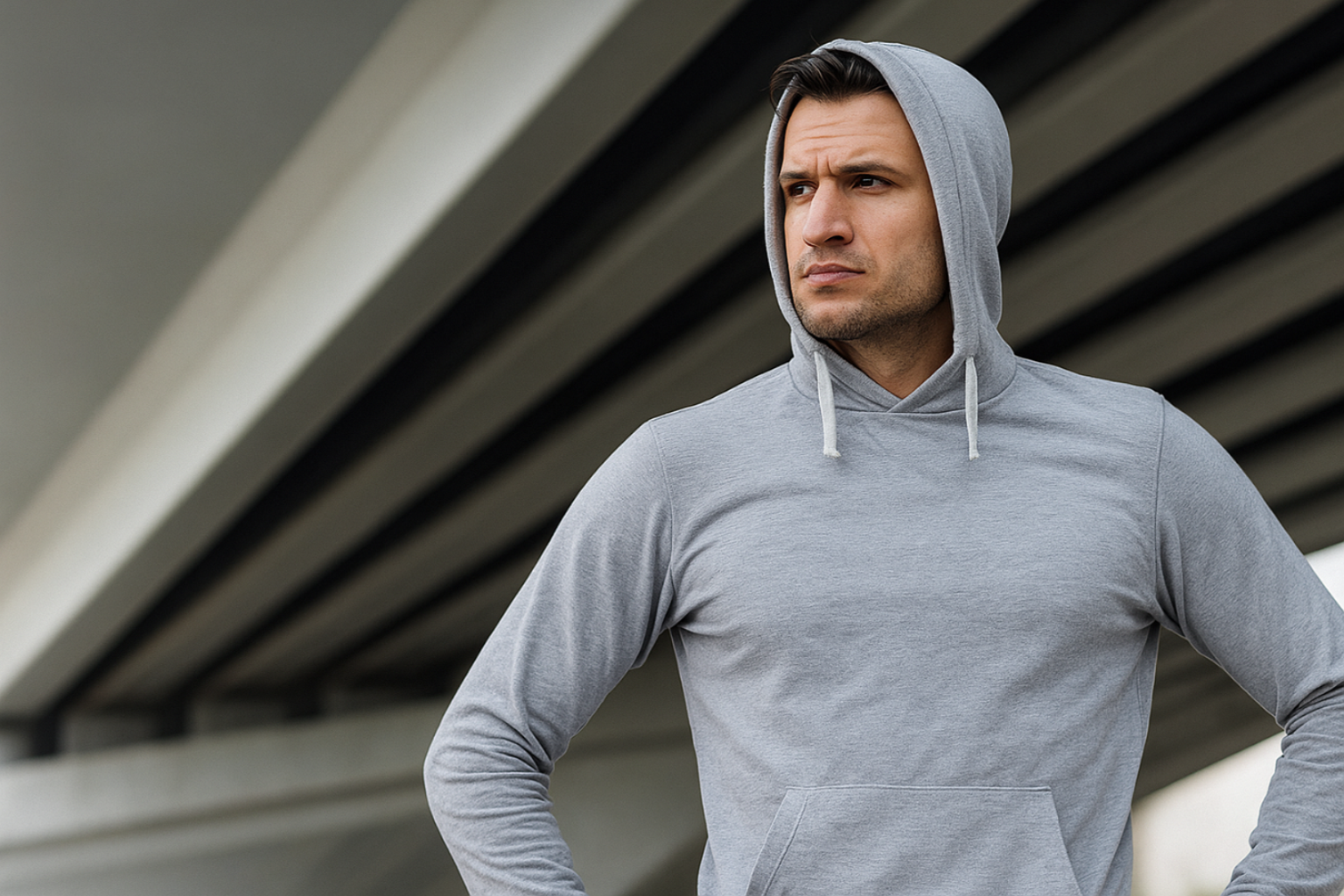 Man wearing a gray hoodie standing outdoors with a modern architectural background