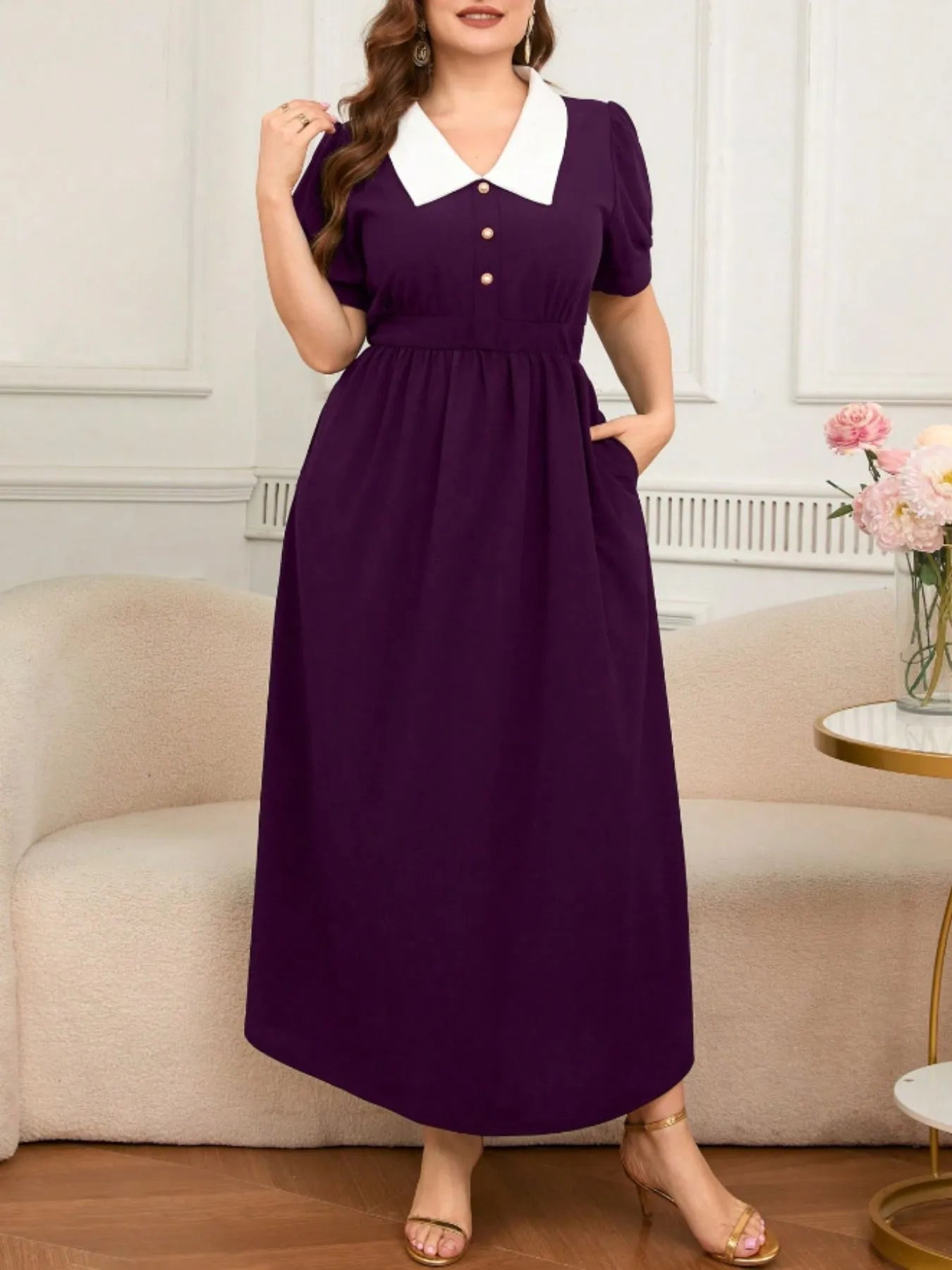 purple dress with white collar Purple 1950s Solid Spliced Tie Neck Dress