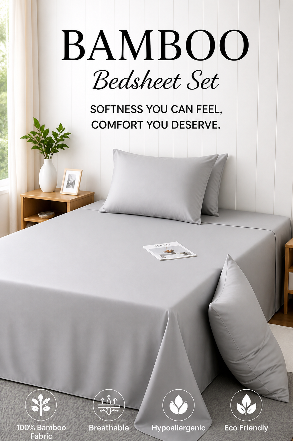 Premium Bamboo Bedsheet Set – Silver Pebble