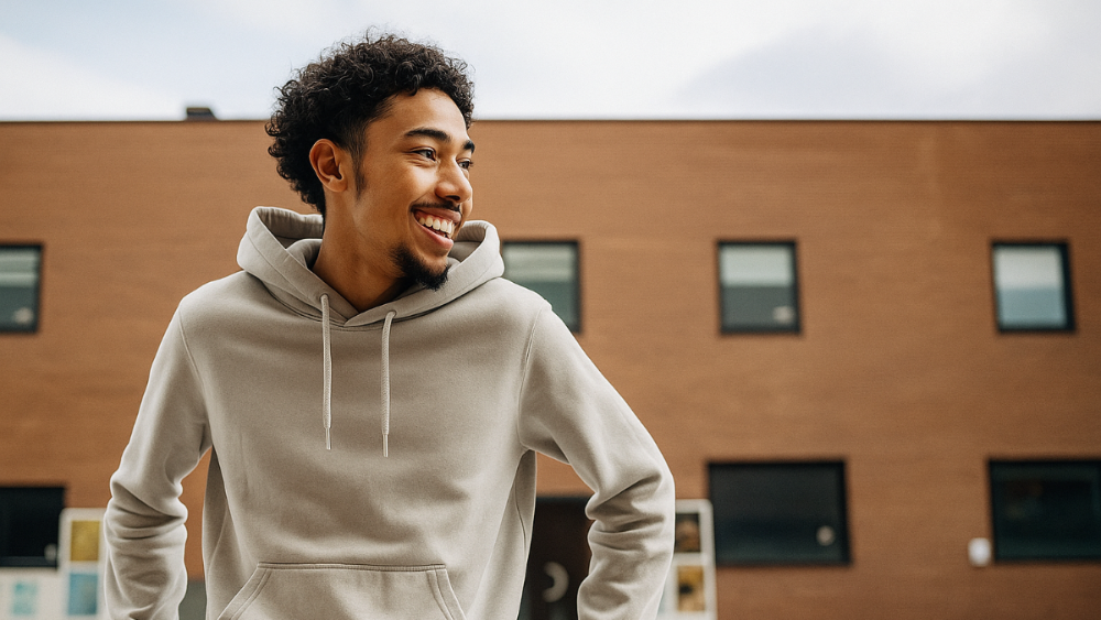 Man wearing a light gray hoodie standing in front of a brick building